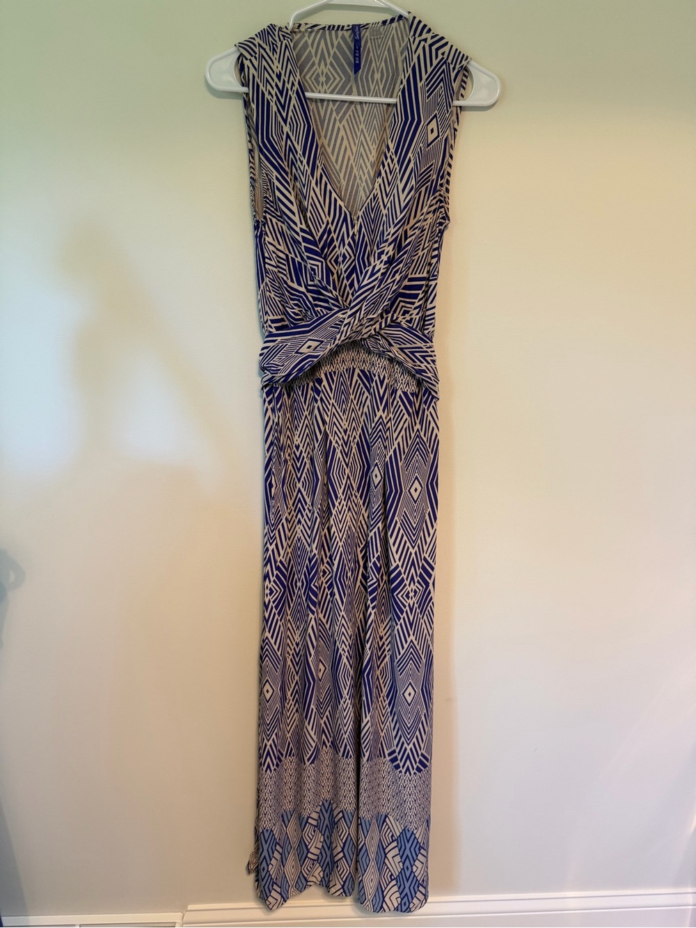 Seraphine Maternity Blue & Cream Twist-Waist Geometric Maxi Dress